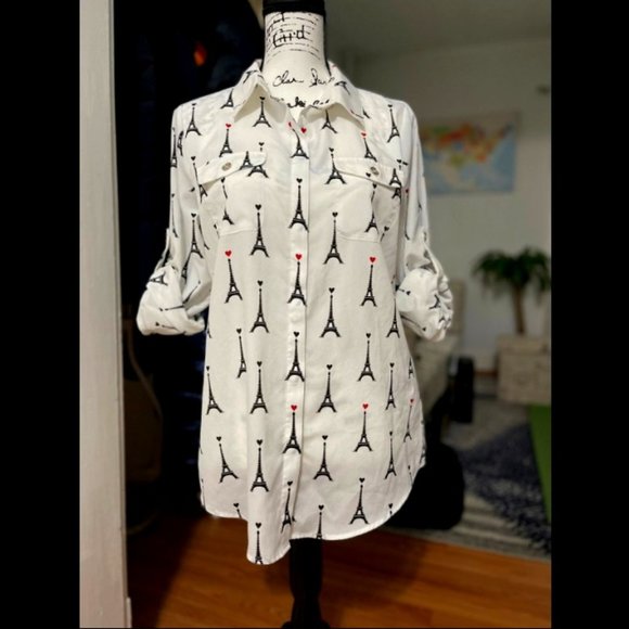 NWOT Women Size Medium Karl Lagerfeld Long-sleeve Blouse Shirt With Eiffel Tower - Picture 1 of 5